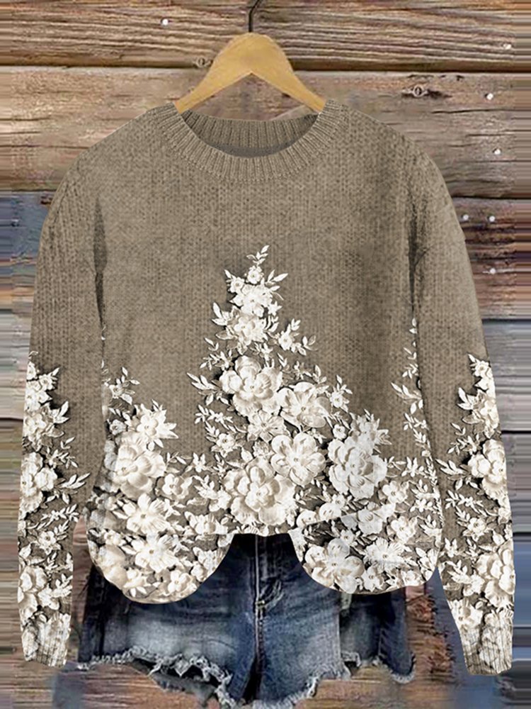 Vintage floral embroidery art knitted round neck sweater