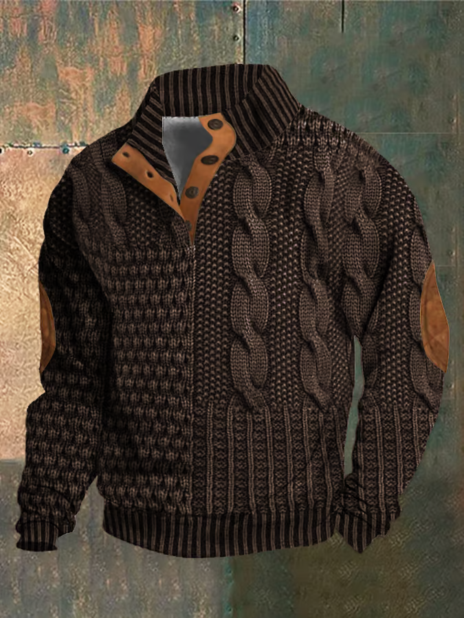 Men's Casual Vintage Print Half Collar Button Sweatshirt