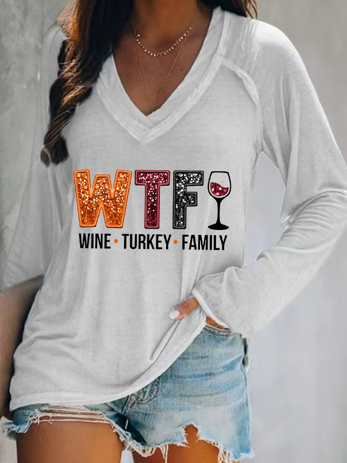 Women's WTF Wine Turkey Family Print V Neck T-Shirt
