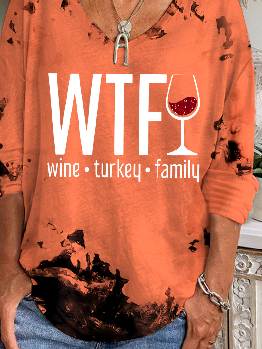 Women's WTF Wine Turkey Family Print V-Neck Long Sleeve Tee