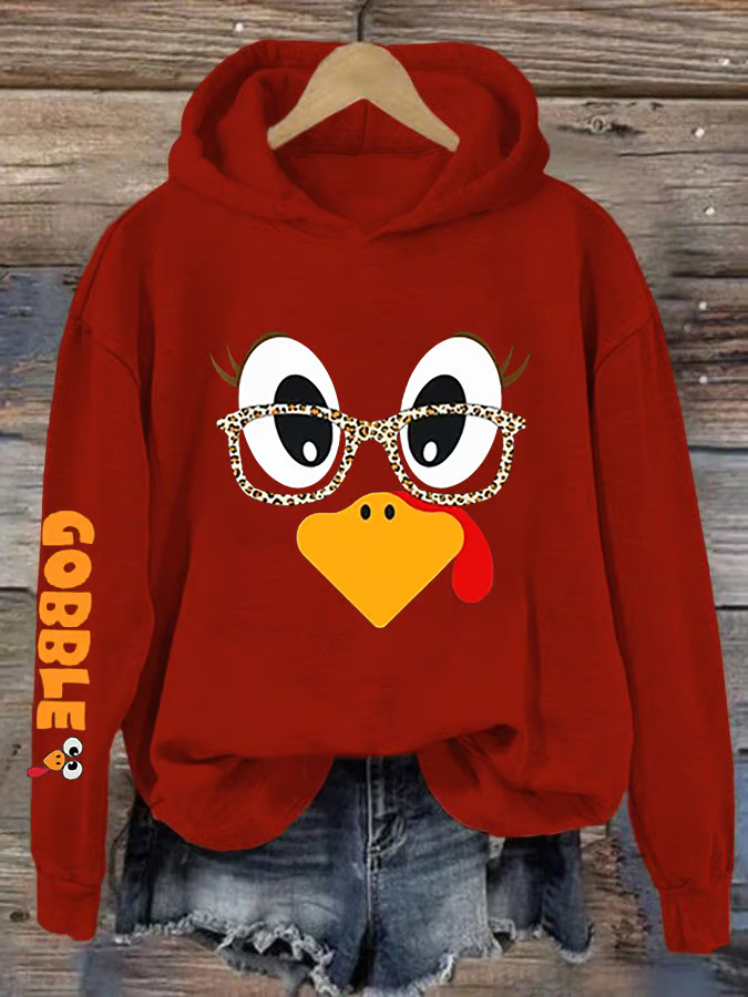 Women's Cute Turkey Fall Thanksgiving Printed Hooded Sweatshirt Hoodie
