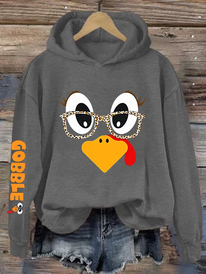 Women's Cute Turkey Fall Thanksgiving Printed Hooded Sweatshirt Hoodie