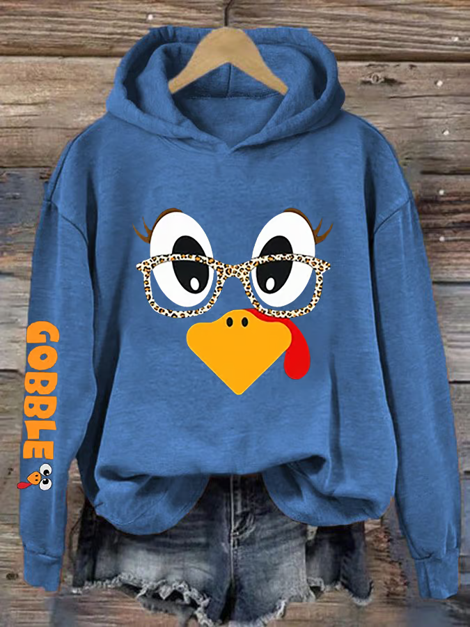 Women's Cute Turkey Fall Thanksgiving Printed Hooded Sweatshirt Hoodie