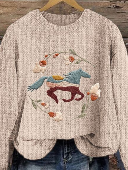 Women's Vintage Embroidered Horse Print Crew Neck Knit Sweater