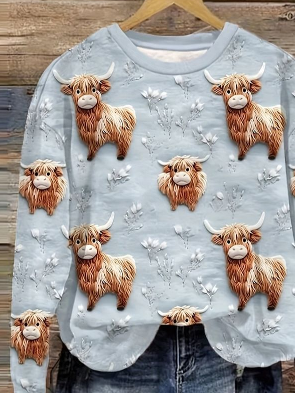 Women's Vintage Highland Cow Print Regular Fit Sweatshirt