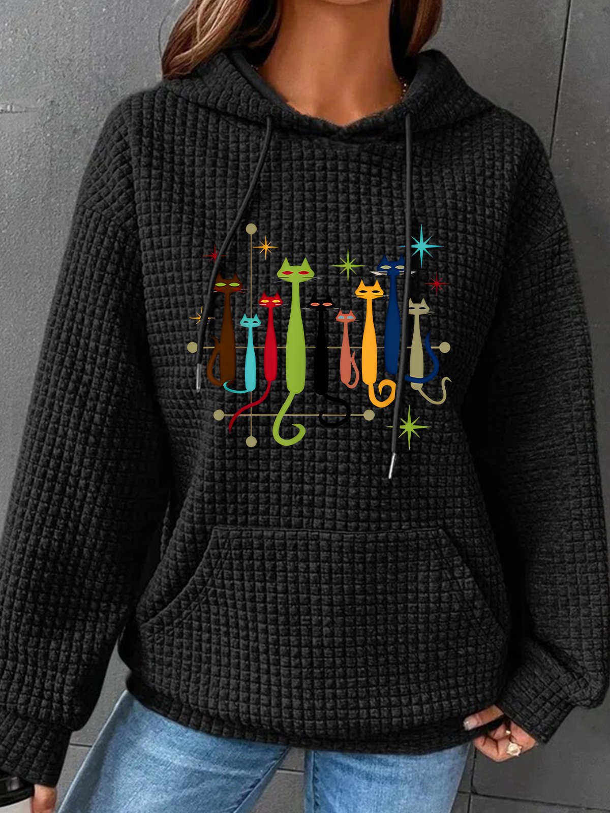 Vintage Retro Mid-Century Modern Look Cats Simple Loose Hoodie