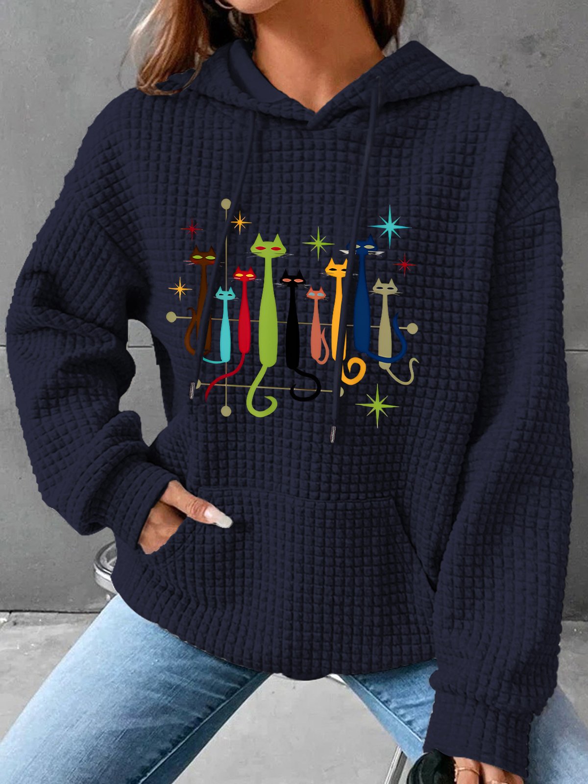 Vintage Retro Mid-Century Modern Look Cats Simple Loose Hoodie
