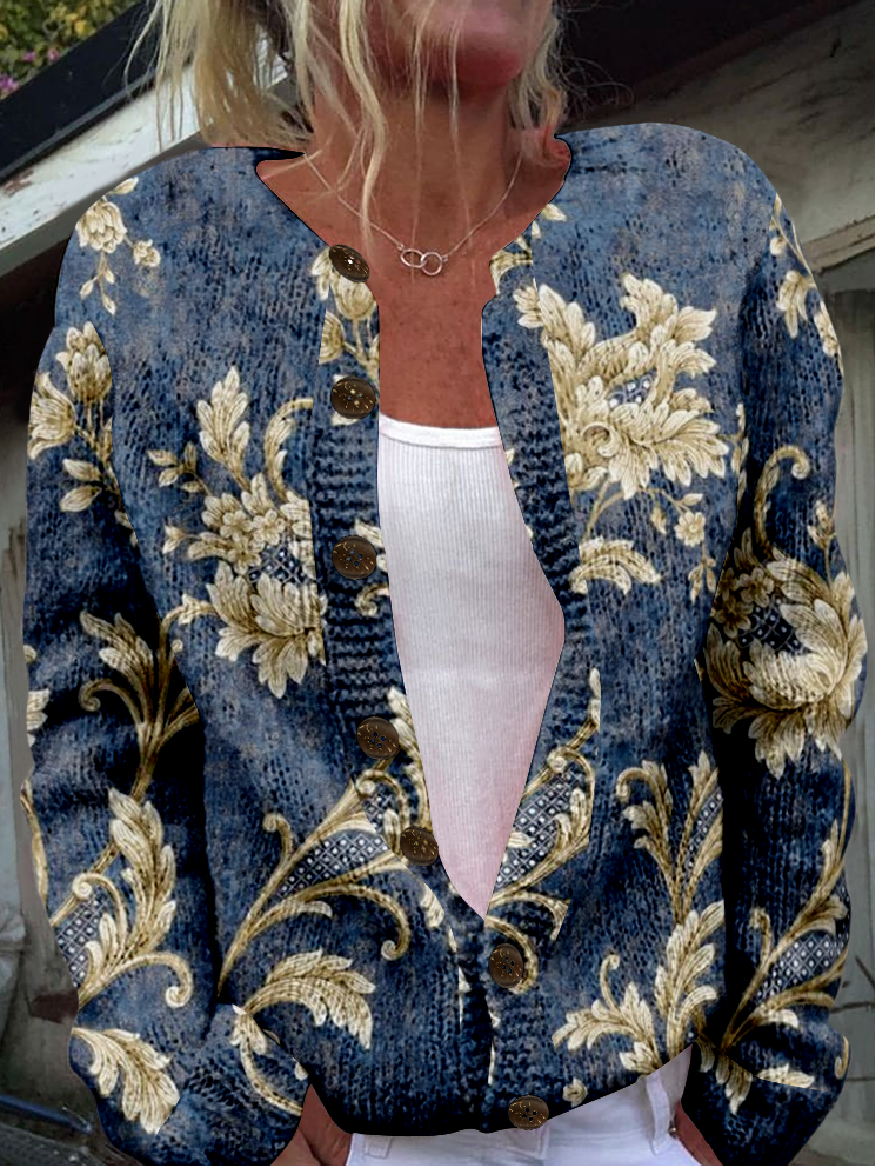 Floral Vintage Knitted Crew Neck Cardigan