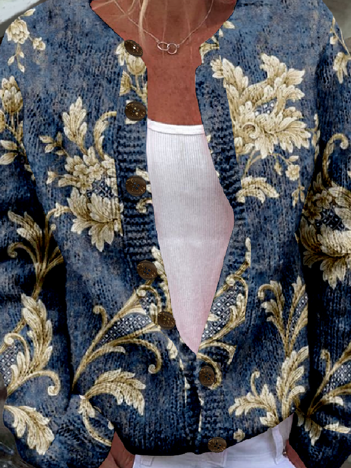 Floral Vintage Knitted Crew Neck Cardigan