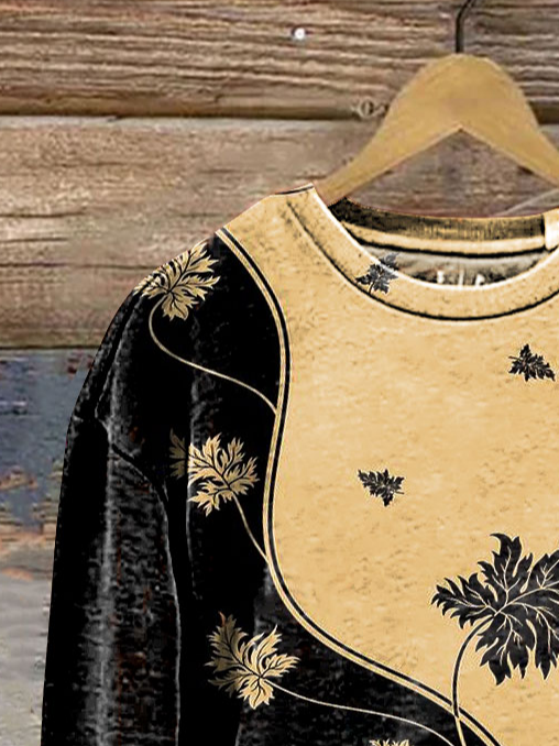 Leaf Print Long Sleeve Crew Neck Sweatshirt