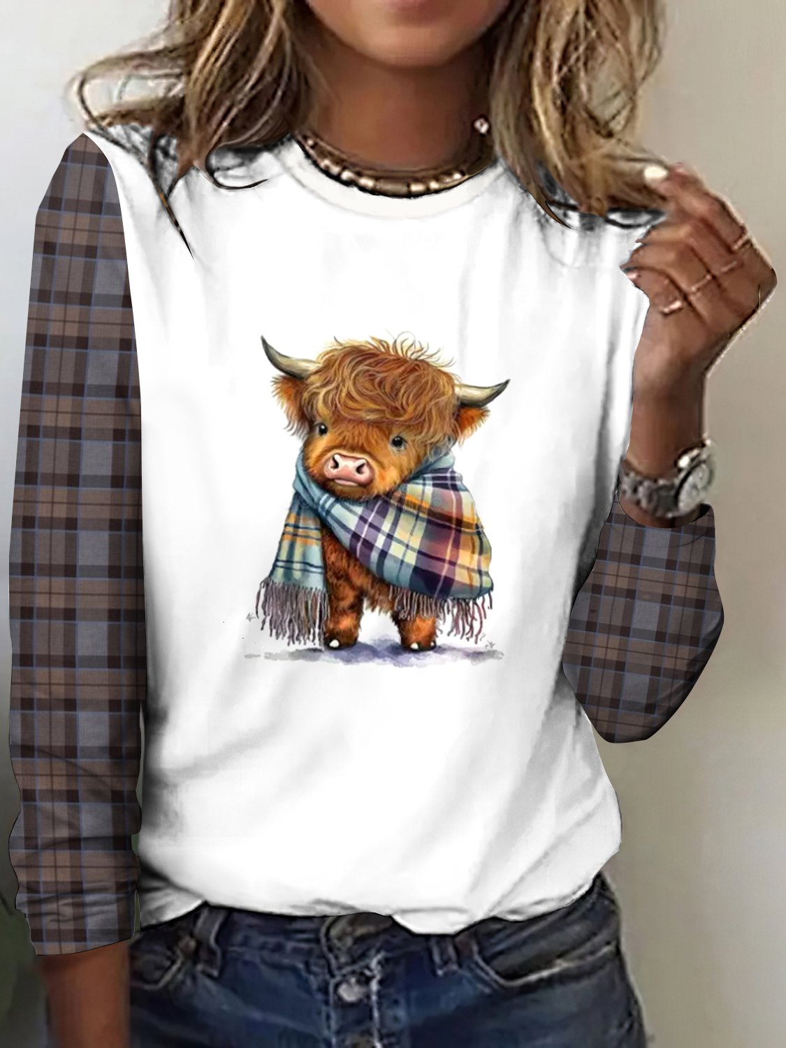 Retro plaid color blocked highland cow casual long sleeved T-shirt