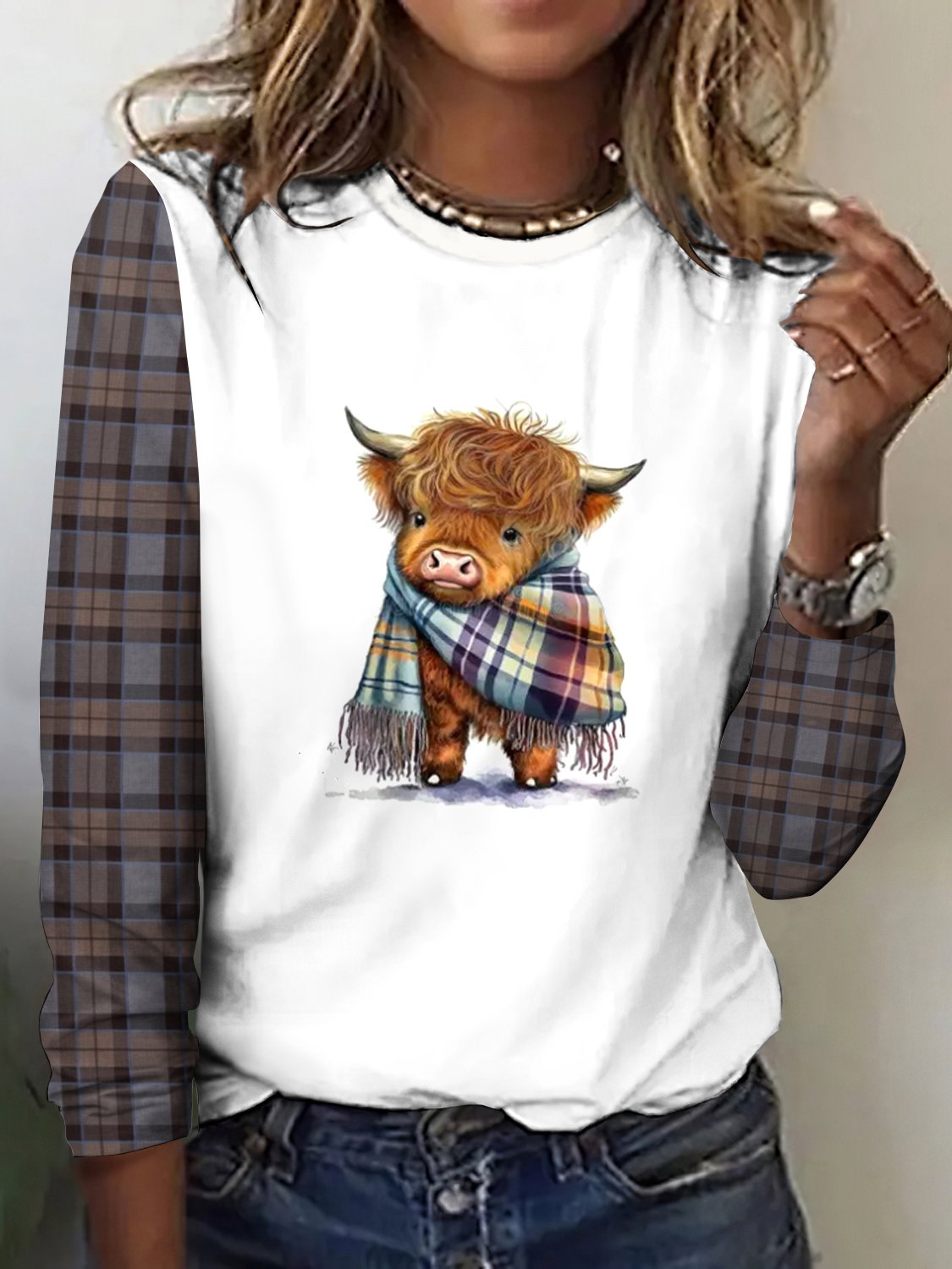 Retro plaid color blocked highland cow casual long sleeved T-shirt