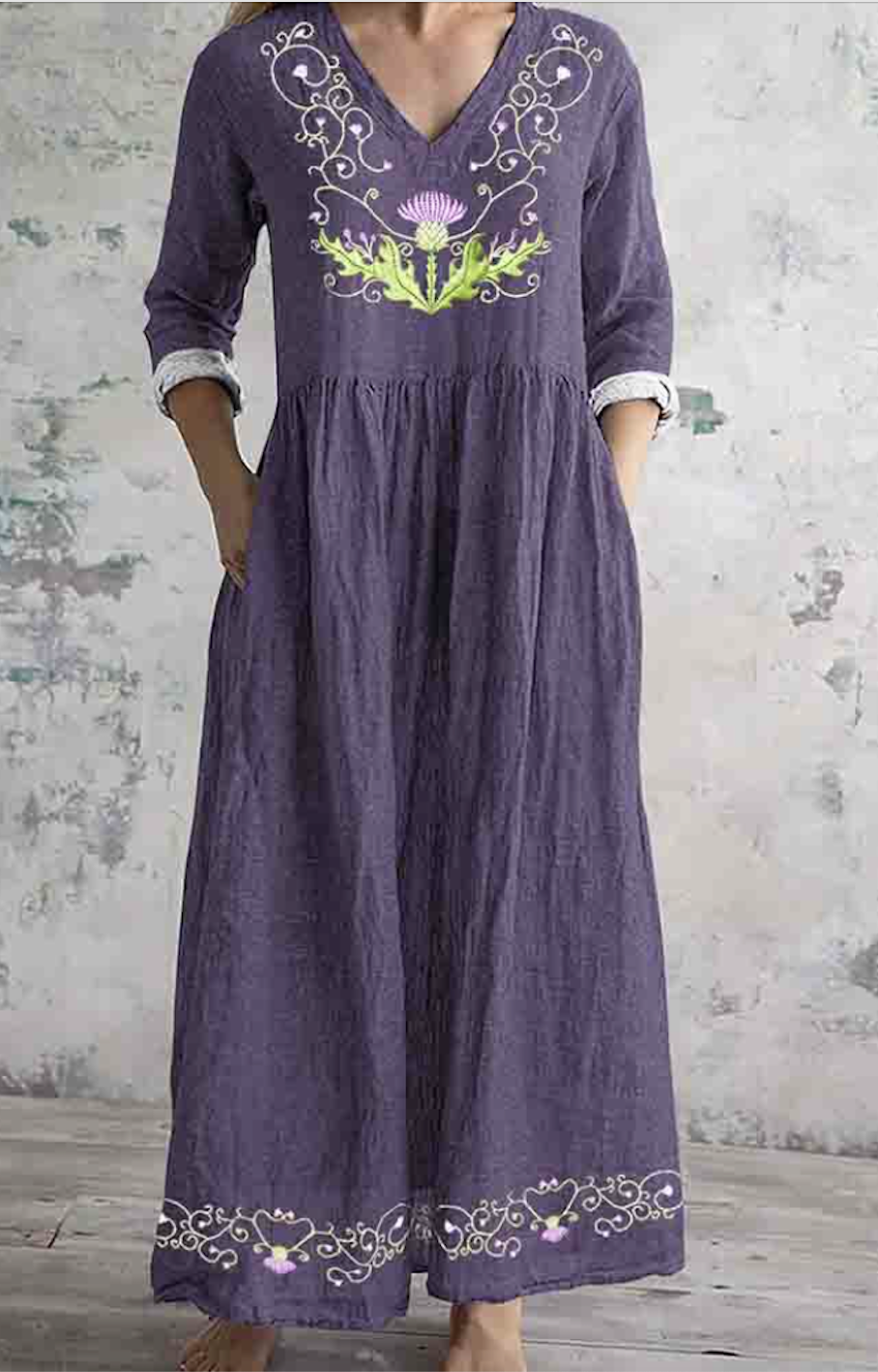 Retro style floral V-neck long sleeved dress