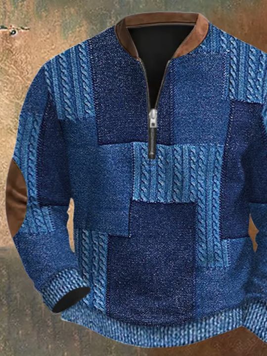 Men's Retro Western Textured Print Zip Collar Sweatshirt