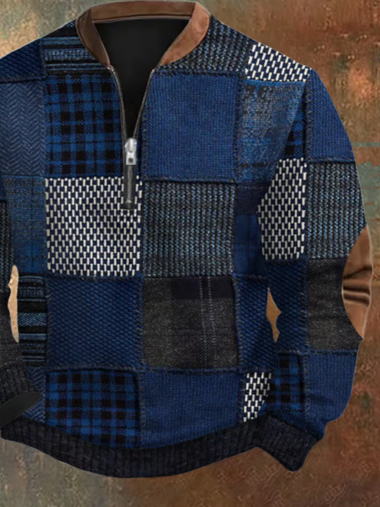 Men's Retro Western Textured Print Zip Collar Sweatshirt