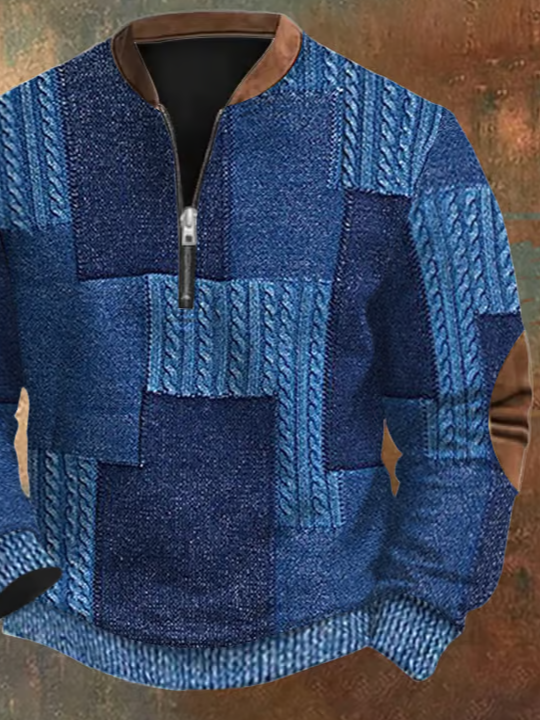 Men's Retro Western Textured Print Zip Collar Sweatshirt