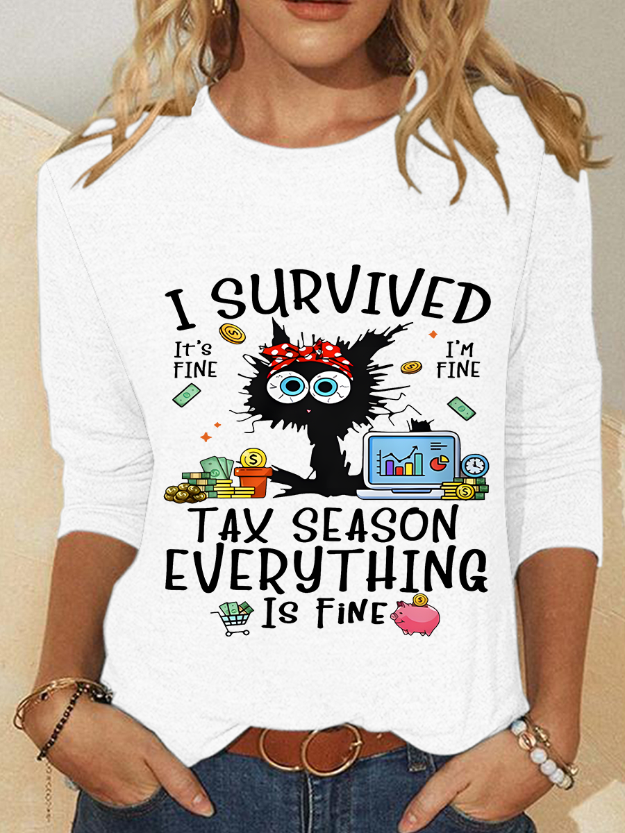 Black Cat I Survived Tax Season Everything Is Fine Casual Long Sleeve Shirt