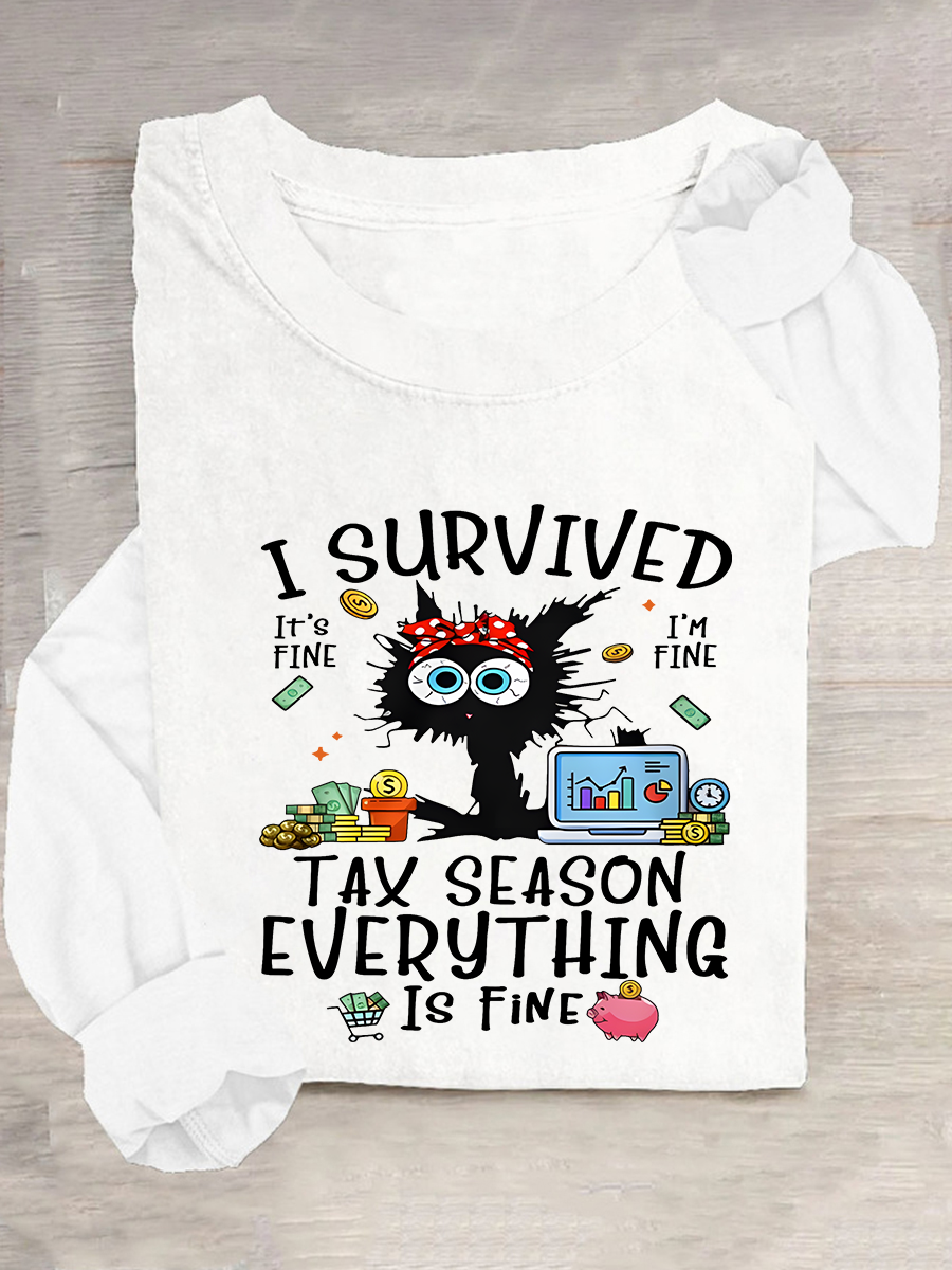 Black Cat I Survived Tax Season Everything Is Fine Casual Long Sleeve Shirt