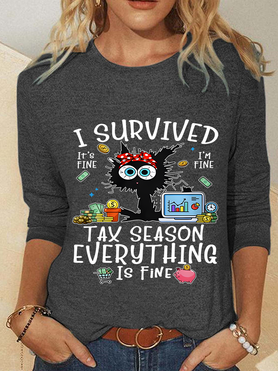 Black Cat I Survived Tax Season Everything Is Fine Casual Long Sleeve Shirt