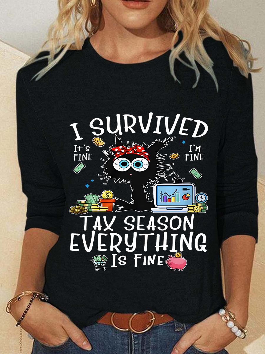 Black Cat I Survived Tax Season Everything Is Fine Casual Long Sleeve Shirt