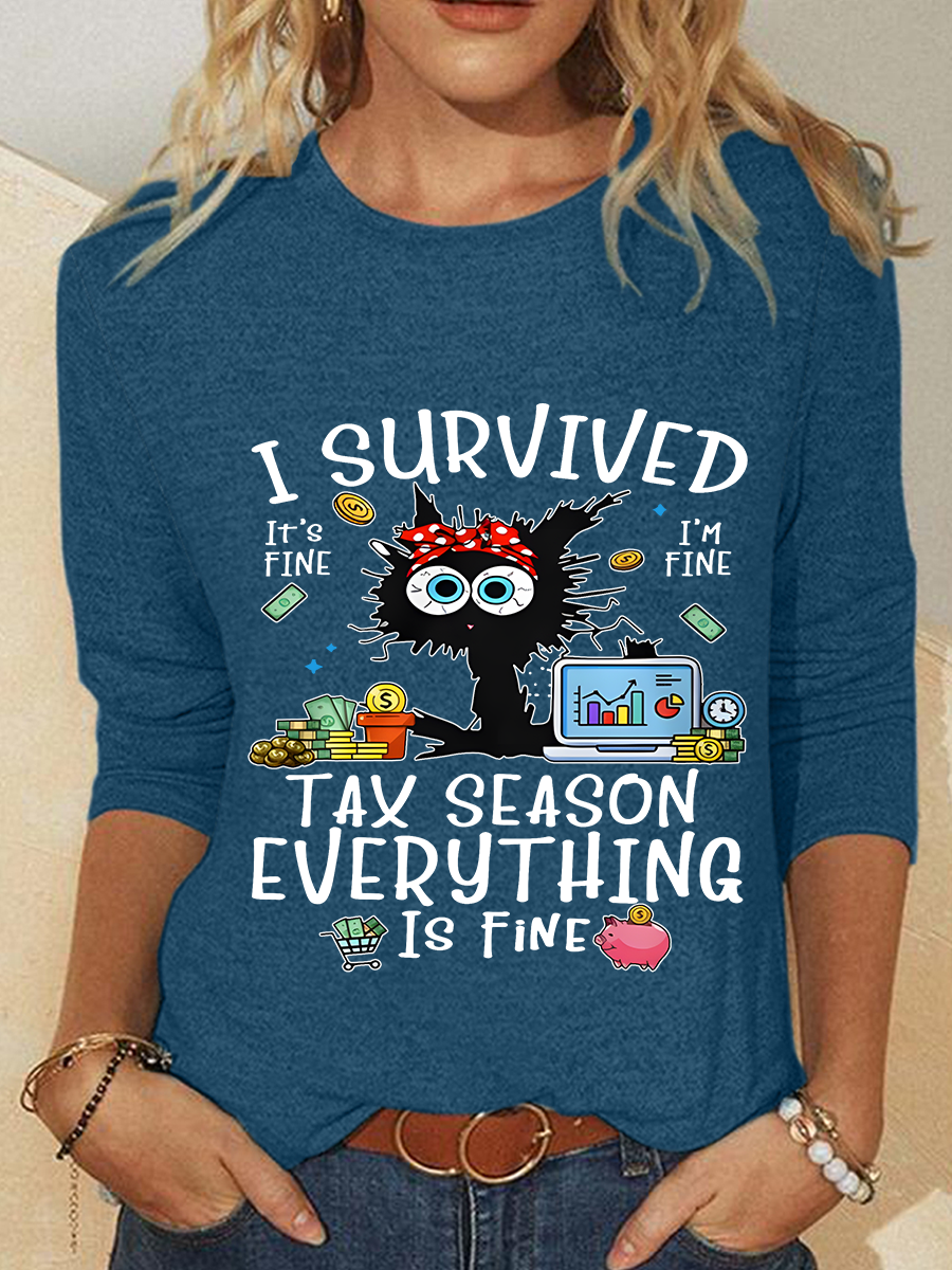 Black Cat I Survived Tax Season Everything Is Fine Casual Long Sleeve Shirt