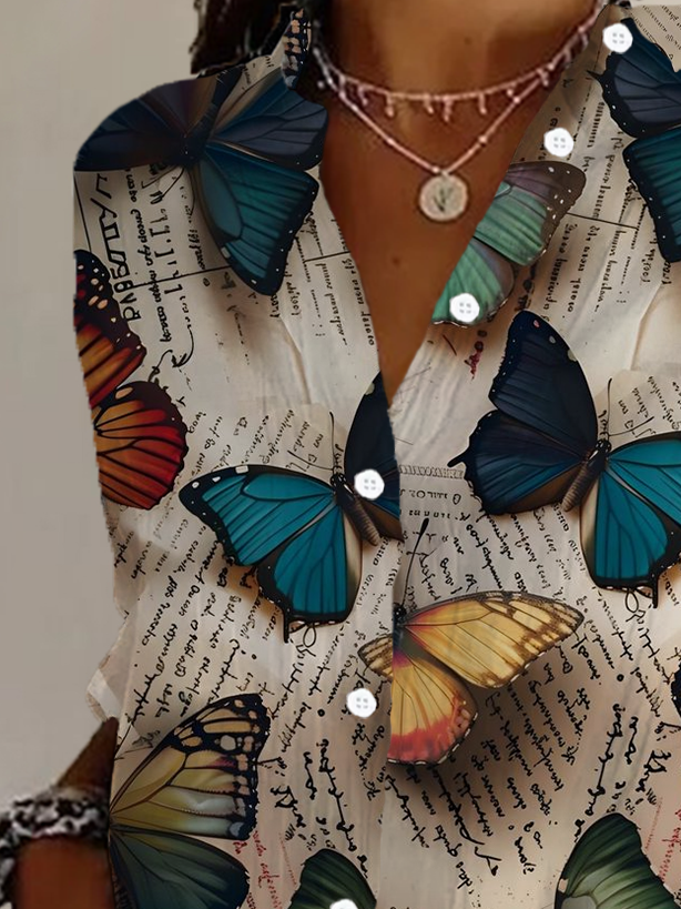 Women's Long Sleeve Shirt Spring/Fall As Picture Butterfly Buckle Shirt Collar Daily Going Out Casual Top