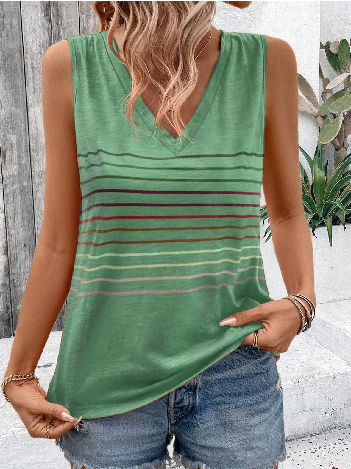 Striped Casual V Neck Loose Tank Top