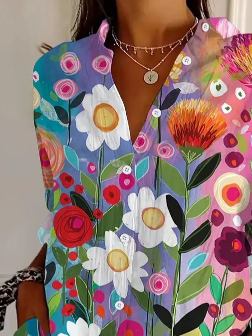 Women's Long Sleeve Shirt Spring/Fall As Picture Floral Buckle Shirt Collar Daily Going Out Casual Top