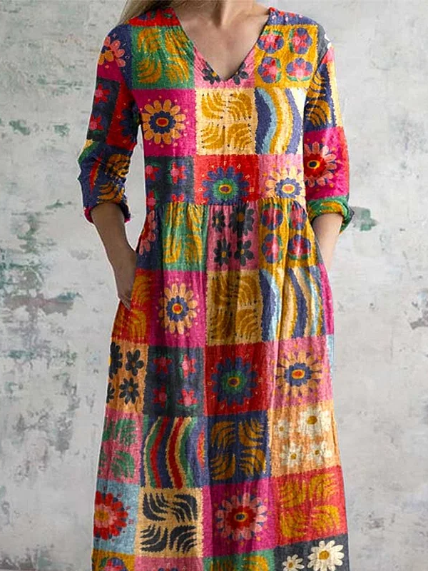 Women's V-neck abstract art floral neckline cotton dress with pockets