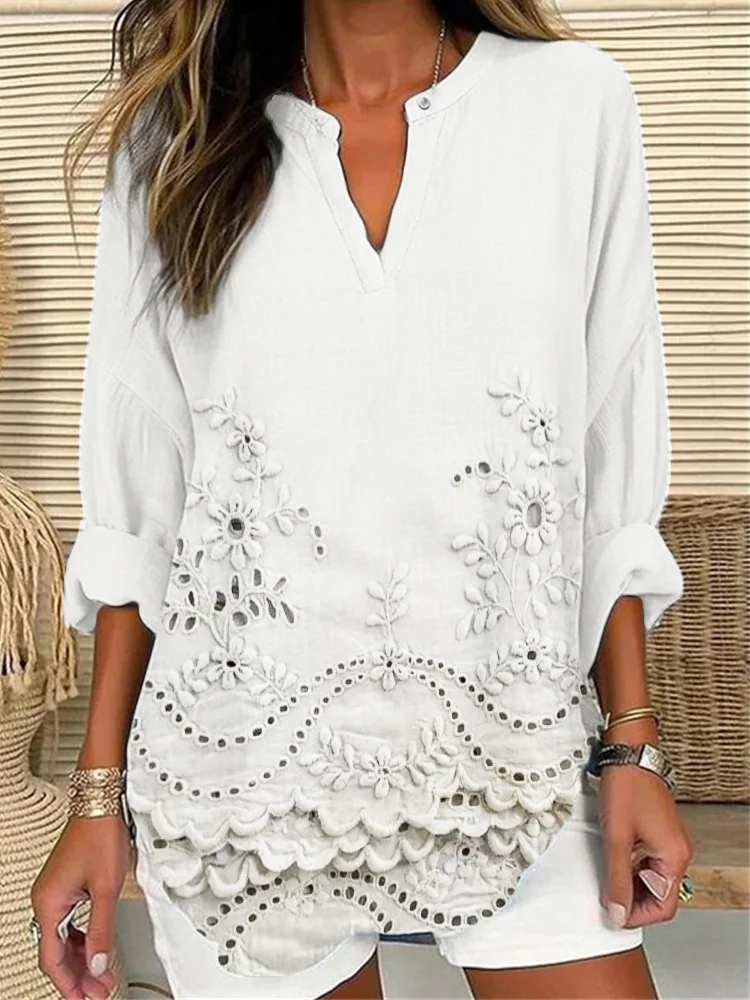 Cottage floral embroidery lace hem linen blend Shirt