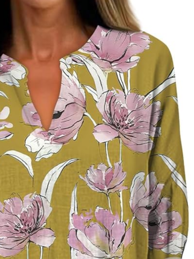 Women's Artistic Floral Print Elegant Casual V-Neck Shirt