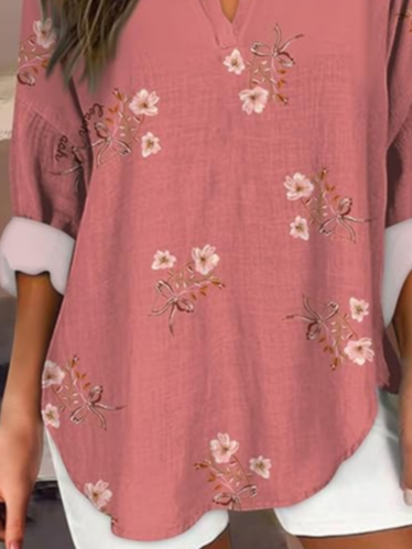Women's Artistic Floral Print Elegant Casual V Neck Shirt