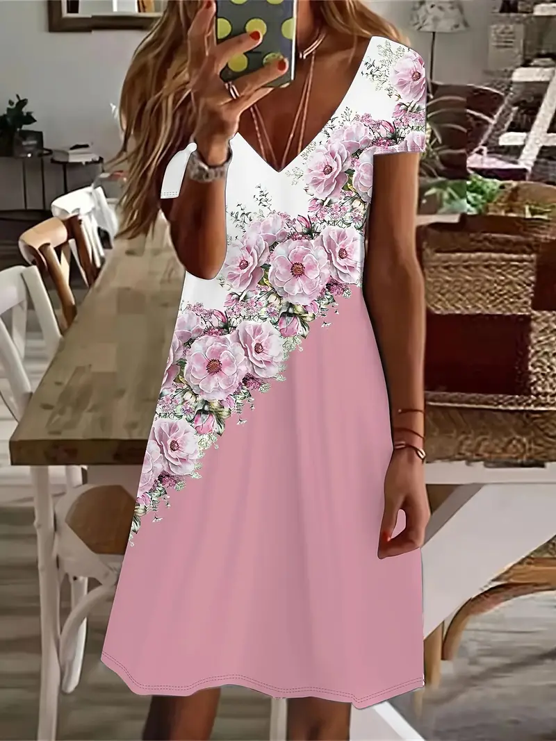 Women's Floral Spring Print Casual V-Neck Short Sleeve Dress