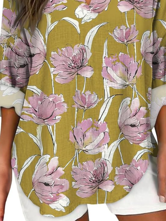 Women's Artistic Floral Print Elegant Casual V-Neck Shirt