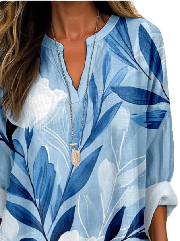 Women's Artistic Floral Print Elegant Casual V-Neck Shirt