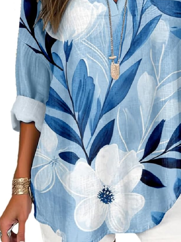 Women's Artistic Floral Print Elegant Casual V-Neck Shirt