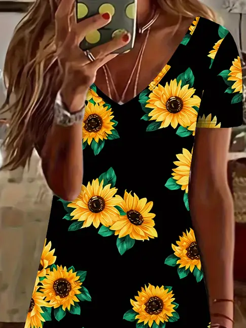 Women's Floral Spring Print Casual V-Neck Short Sleeve Dress