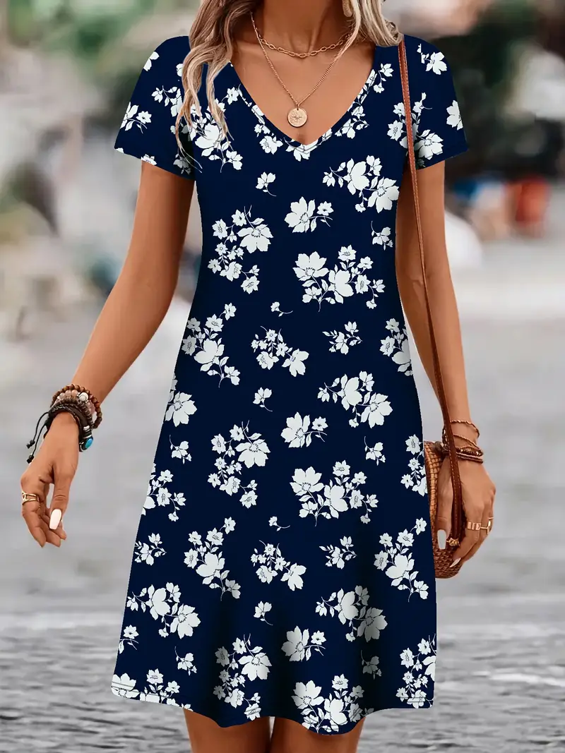 Women's Floral Spring Print Casual V-Neck Short Sleeve Dress