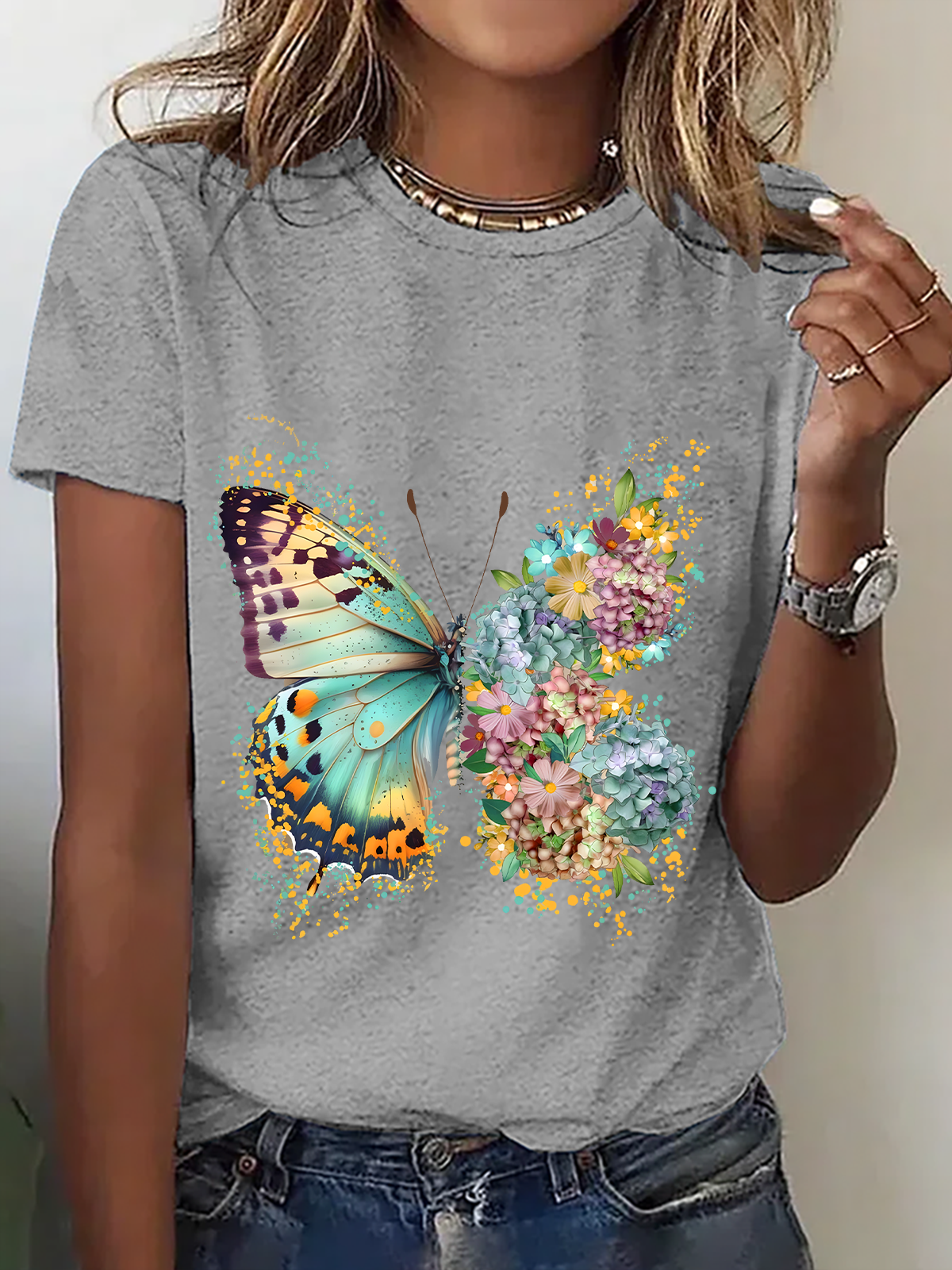 Floral Butterfly Cotton T-Shirt