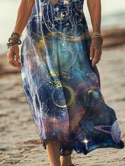 Women's Short Sleeve Summer As Picture Moon Printing V Neck Daily Going Out Casual Maxi H-Line T-Shirt Dress Dress
