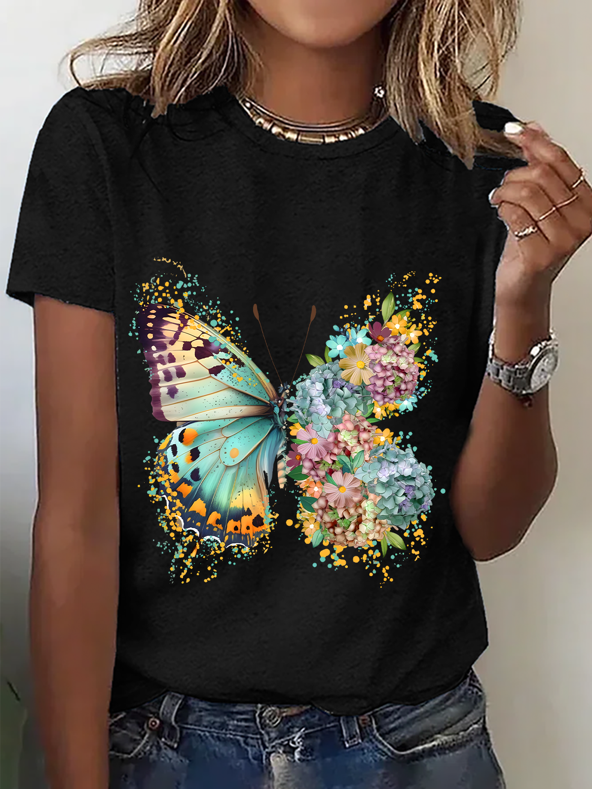 Floral Butterfly Cotton T-Shirt
