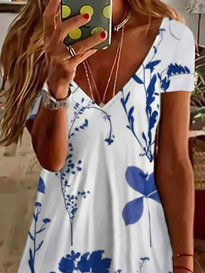 Women's Floral Spring Print Casual V-Neck Short Sleeve Dress