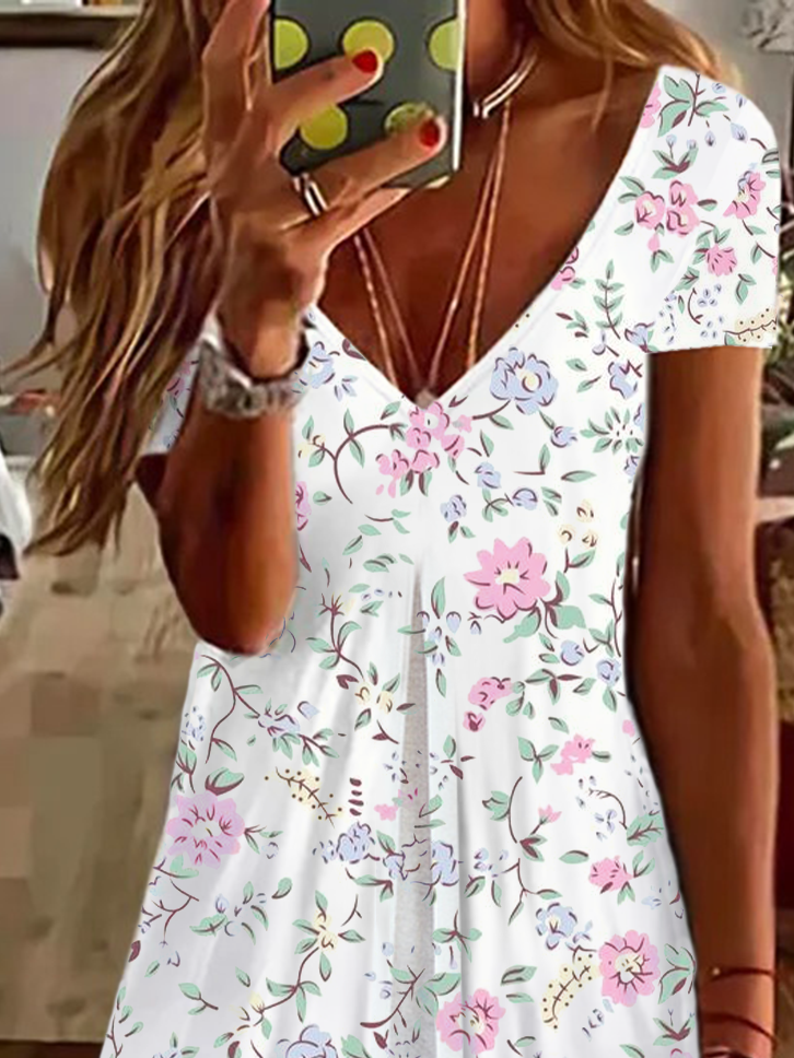 Women's Floral Spring Print Casual V-Neck Short Sleeve Dress