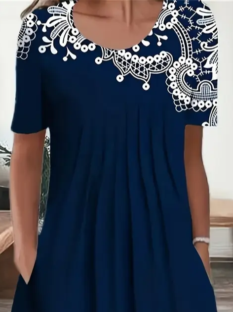 Women's Short Sleeve Summer Purplish blue Floral Printing Crew Neck Daily Going Out Casual Midi H-Line Fit & Flare Dress Dress