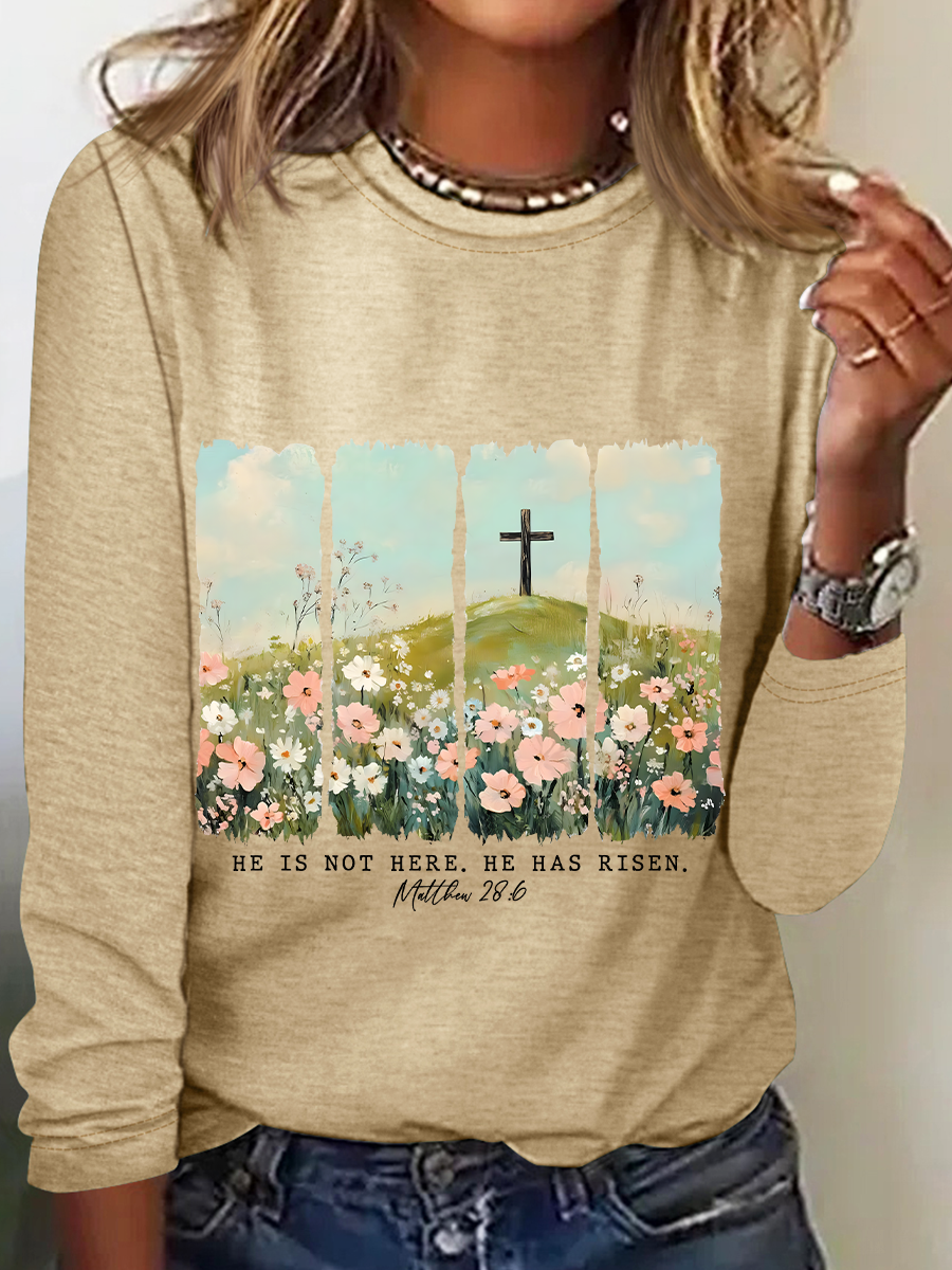 He Is Risen Png Wildflower Spring Easter Casual Long Sleeve Shirt