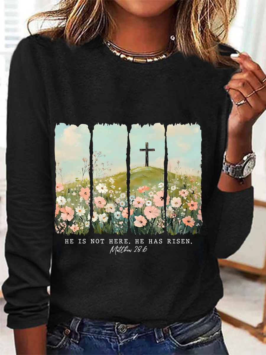He Is Risen Png Wildflower Spring Easter Casual Long Sleeve Shirt