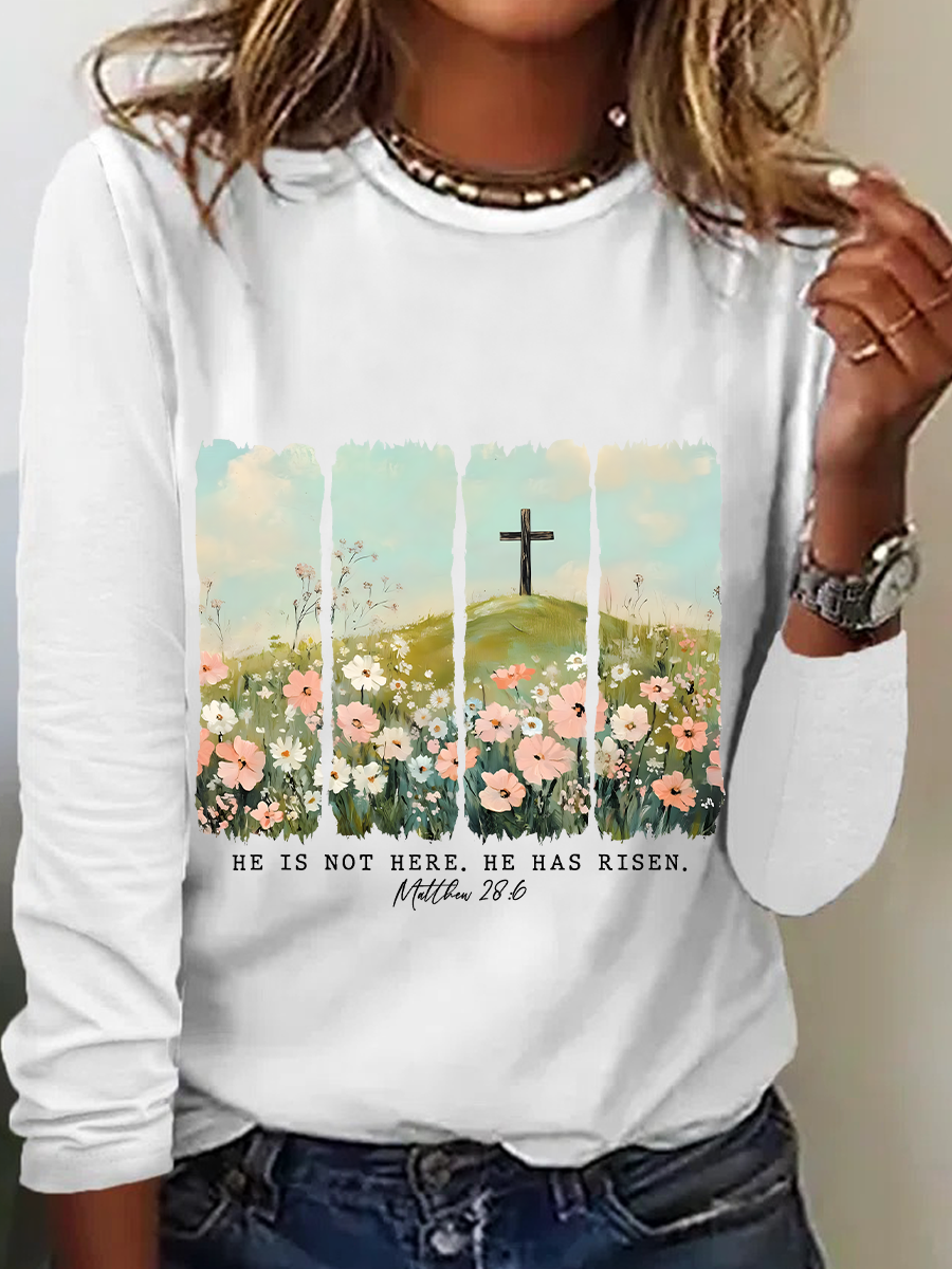 He Is Risen Png Wildflower Spring Easter Casual Long Sleeve Shirt