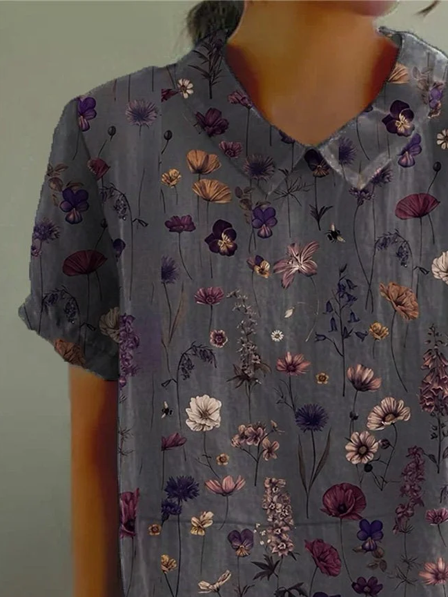 Women's Floral Print Spring Lapel Short Sleeve Shirt