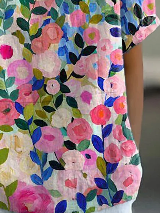 Women's Floral Spring Print Lapel Short Sleeve Shirt