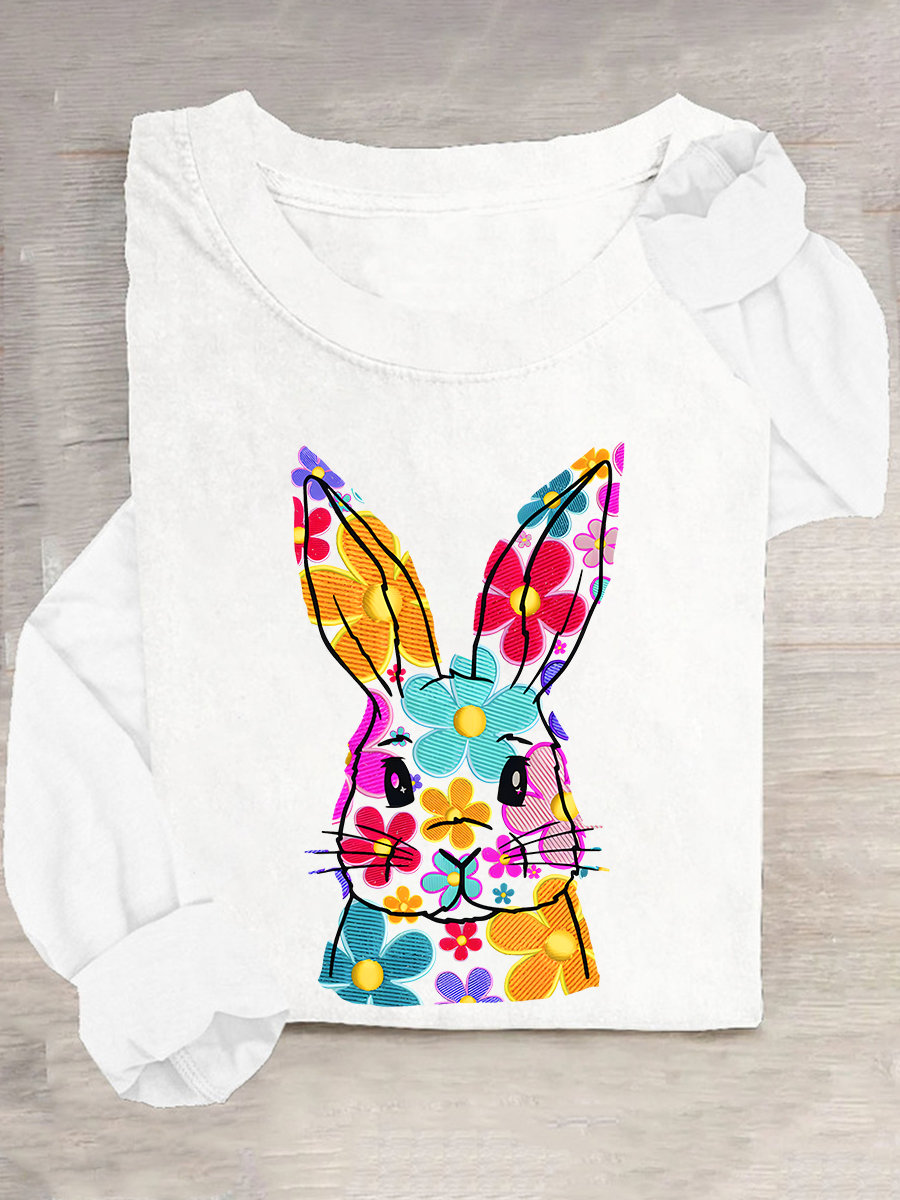 Happy Easter Bunny Flowers Print Casual Long Sleeve Shirt